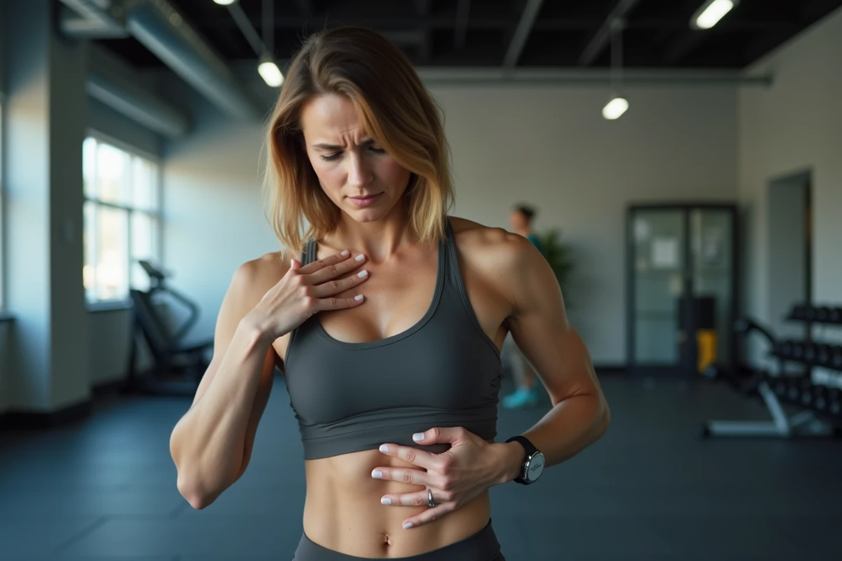 Femme sportive ressentant une douleur soudaine à l'aisselle gauche pendant l'entraînement