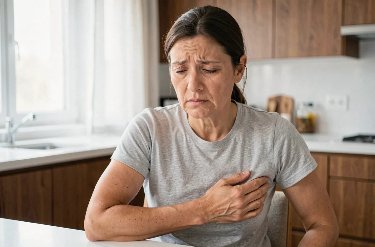 Femme tenant son côté droit sous les côtes avec une expression de douleur, assise dans une cuisine moderne