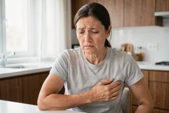 Femme tenant son côté droit sous les côtes avec une expression de douleur, assise dans une cuisine moderne