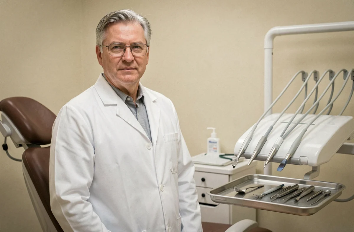 Dr Christophe Hueber, dentiste à Strasbourg, posant dans son cabinet de consultation