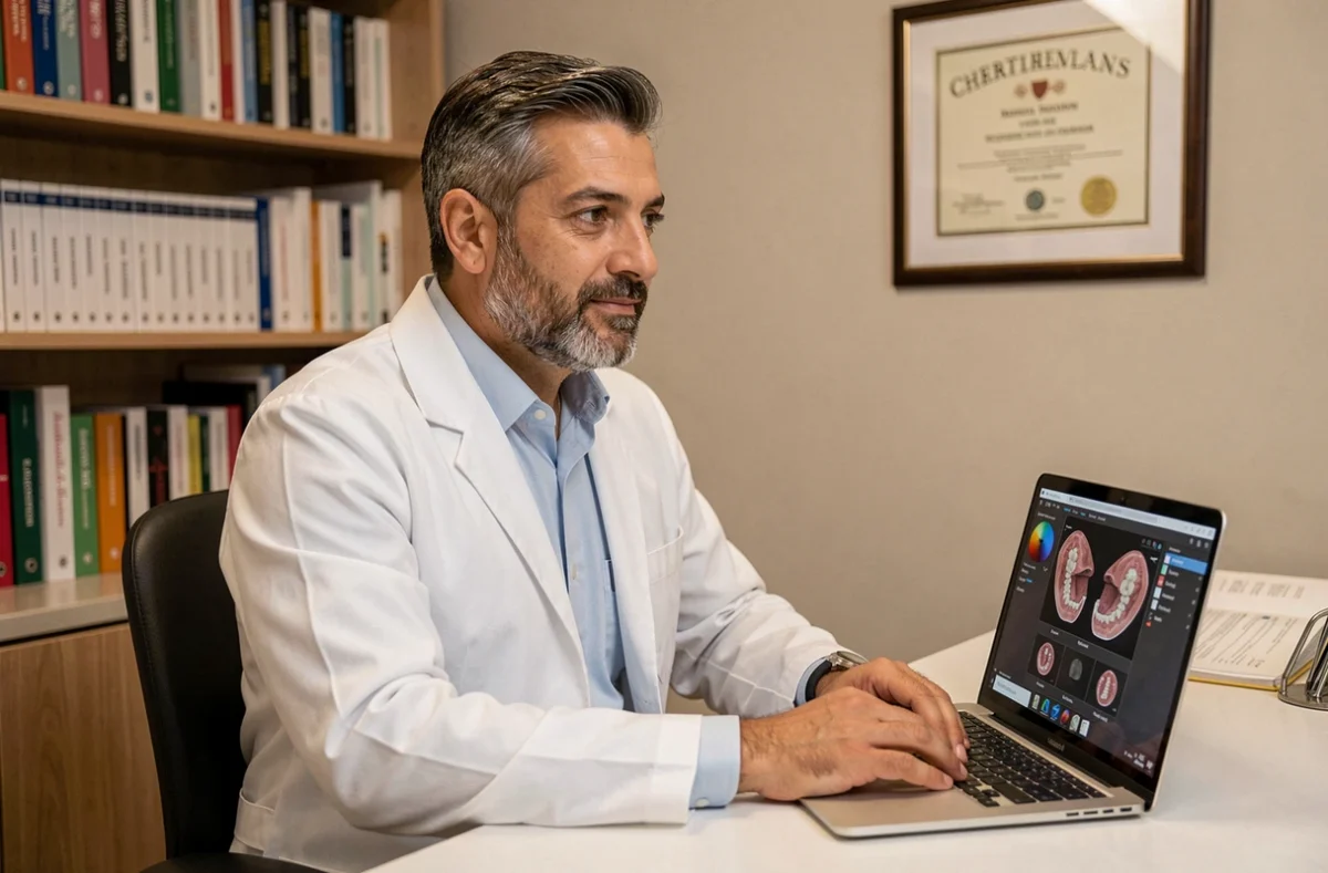 Dr Eric Ursat, dentiste à Strasbourg, consultant des images dentaires sur ordinateur dans son cabinet