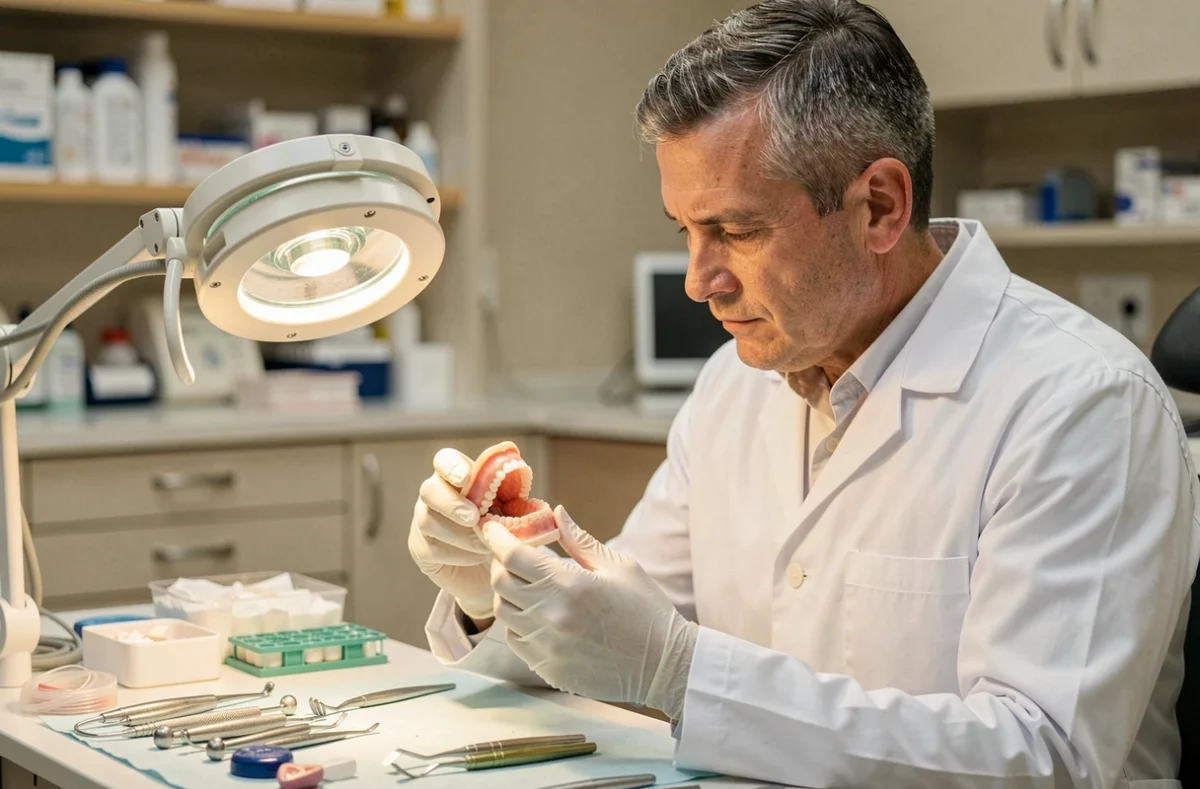 Dr Herrmann, dentiste à Strasbourg, examinant des prothèses dentaires avec précision dans son laboratoire