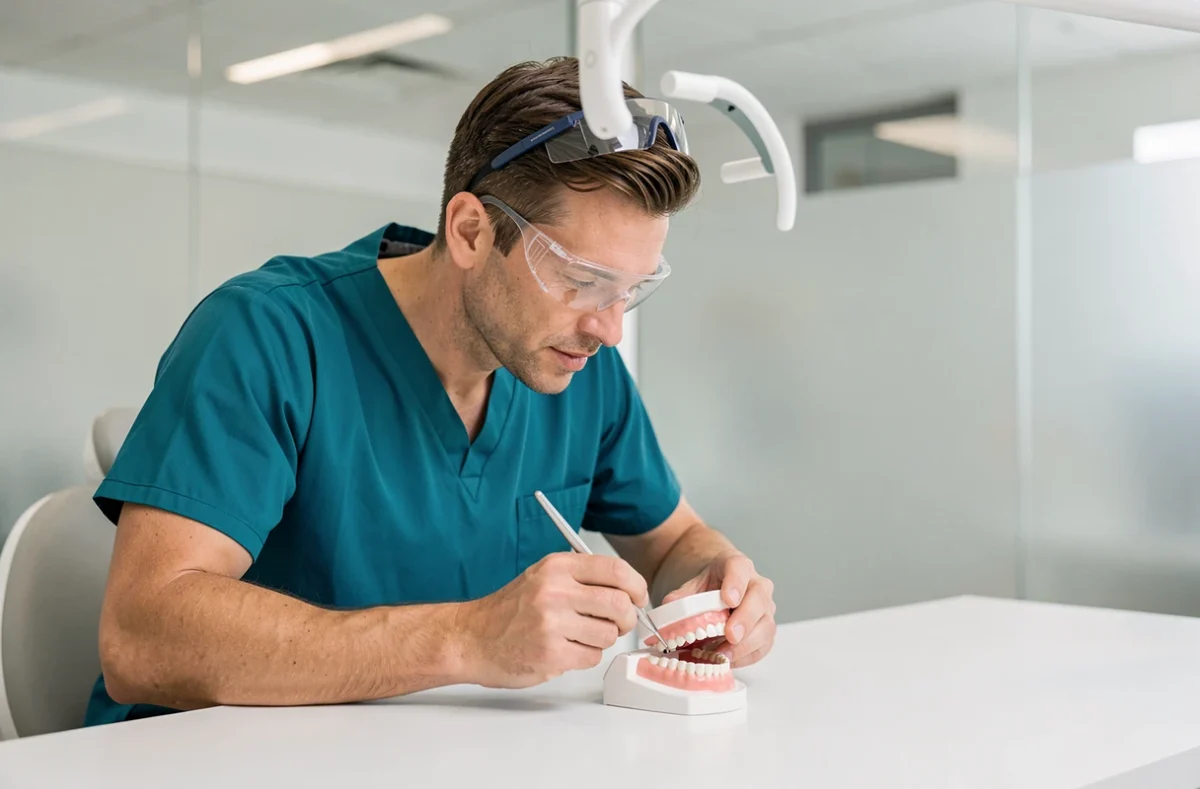 Dr Julien Wilm, dentiste, examinant un modèle dentaire dans son cabinet à Strasbourg