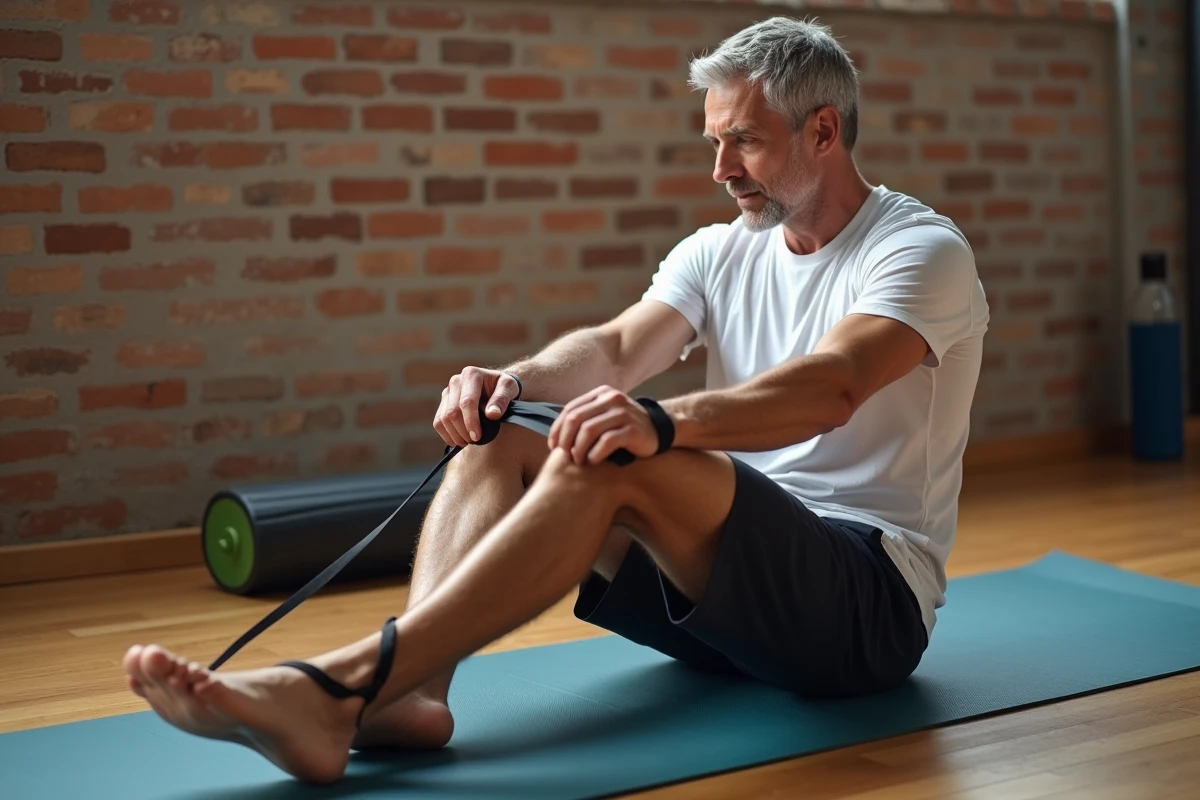 Homme sportif d'âge mûr effectuant des étirements du mollet sur un tapis de yoga pour soulager les crampes aux jambes nocturnes liées à l'alimentation