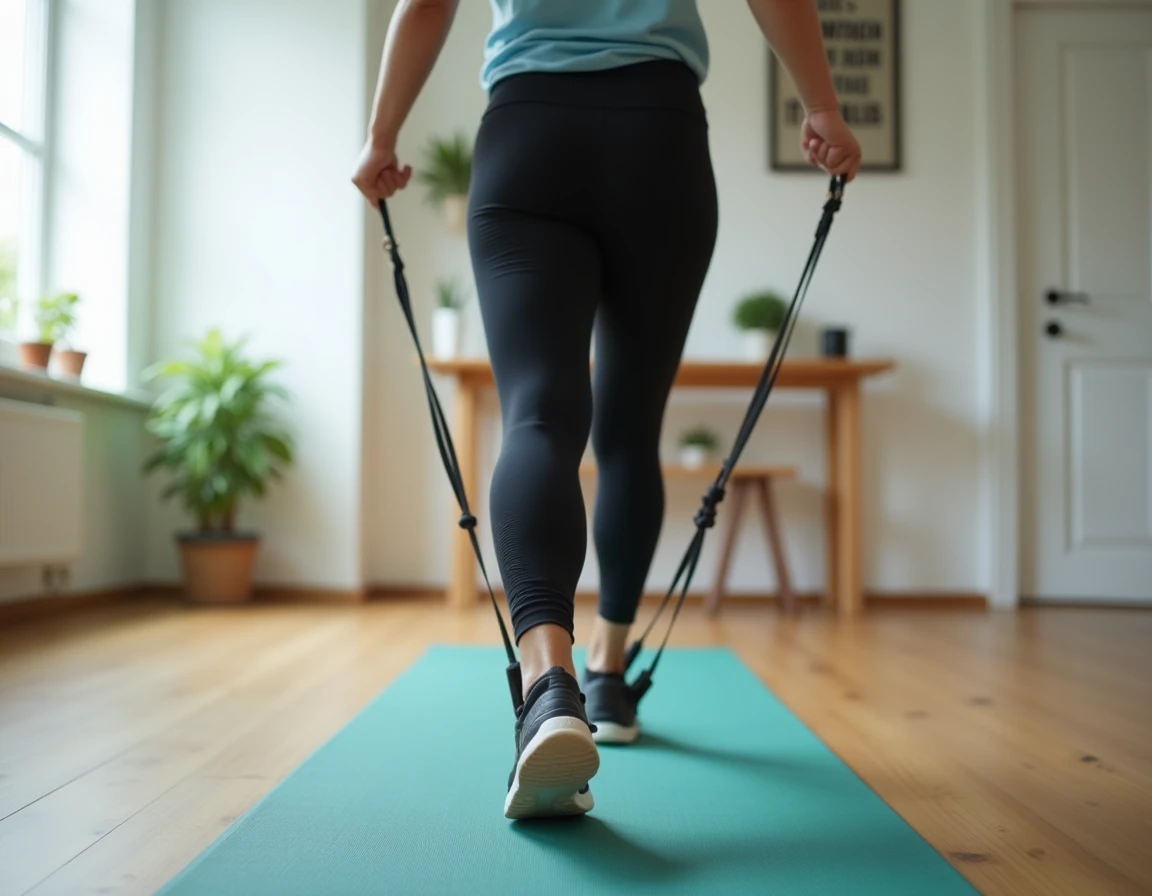 Femme effectuant un exercice de rééducation avec élastique pour soulager la douleur au tendon de la patte d'oie