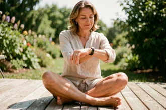 Femme d'une quarantaine d'années assise sur une terrasse en bois surveillant son exposition au soleil pour optimiser sa production de vitamine D sans risque de coup de soleil
