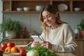Femme examine un emballage alimentaire à la maison