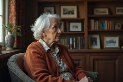 Femme agee pensant dans un salon chaleureux et nostalgique