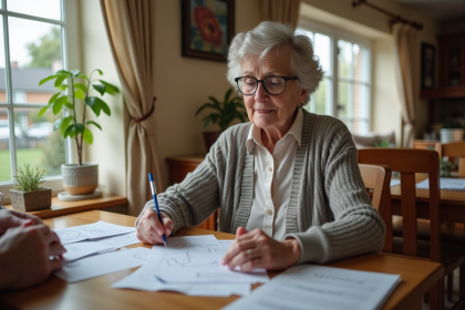 Femme agee lisant des papiers chez elle