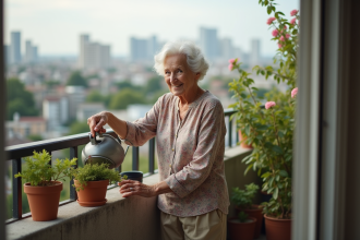 Femme âgée arrosant ses plantes sur un balcon urbain