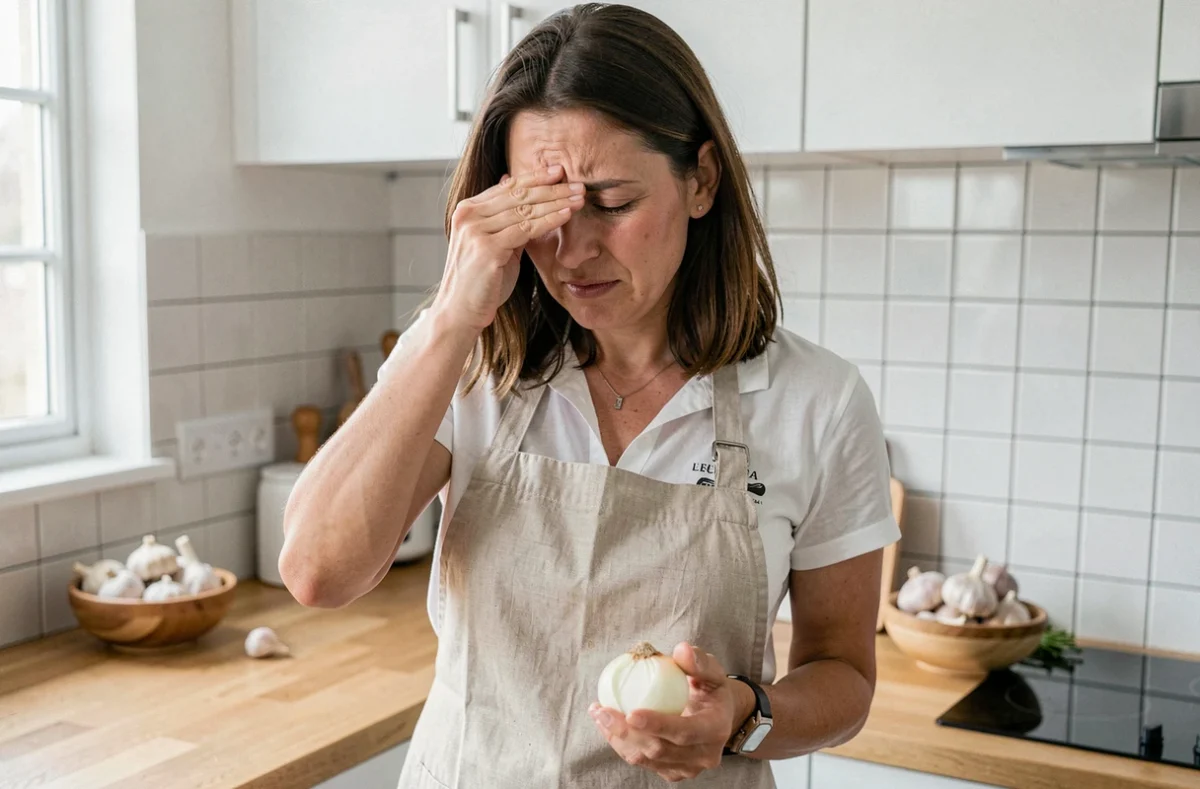 Femme tenant un oignon dans une cuisine moderne, les yeux irrités, illustrant une réaction allergique aux oignons