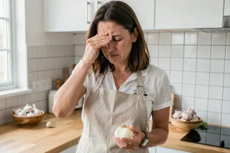 Femme tenant un oignon dans une cuisine moderne, les yeux irrités, illustrant une réaction allergique aux oignons