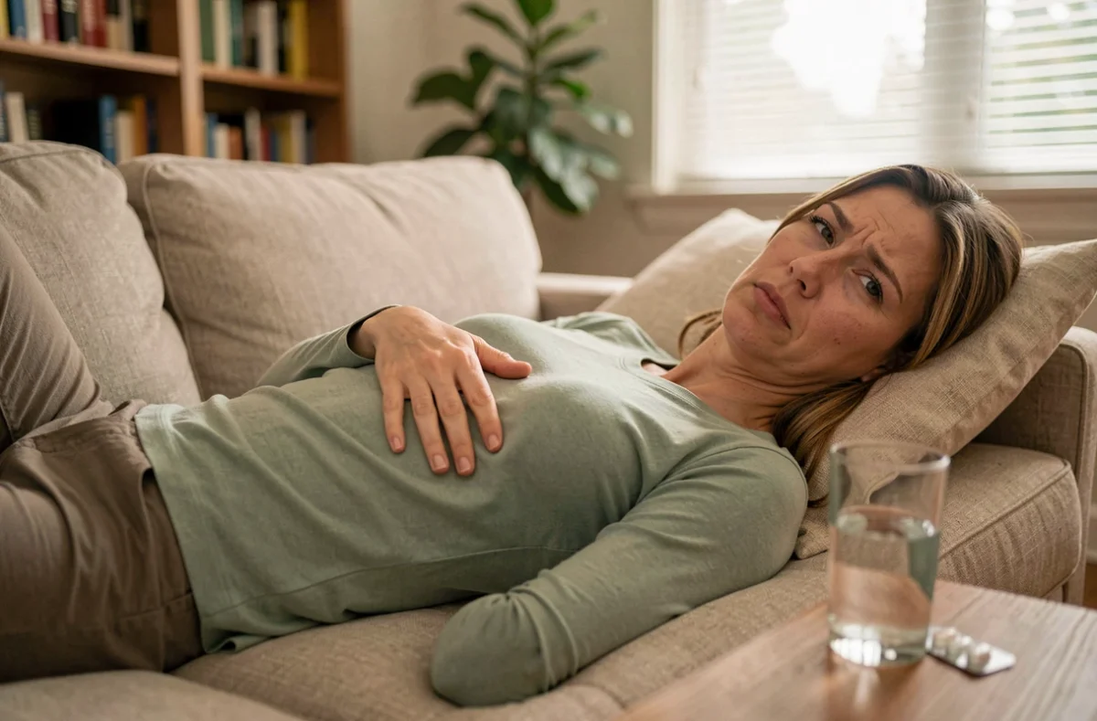 Femme allongée sur un canapé tenant son abdomen droit sous les côtes, verre d'eau et médicaments sur la table