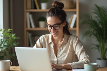 Femme consultant des avis en ligne sur un ordinateur portable dans un bureau à domicile moderne