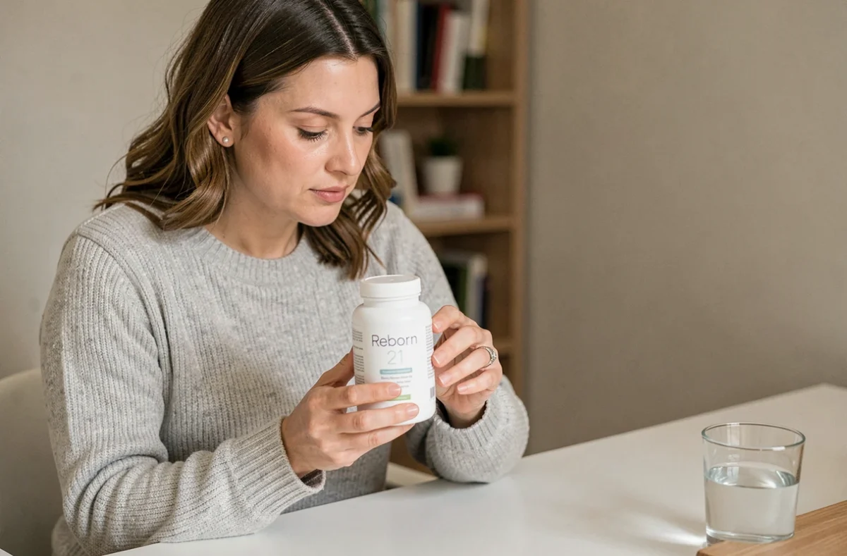 Femme évaluant le complément alimentaire Reborn 21 à son bureau à domicile après 3 mois d'utilisation