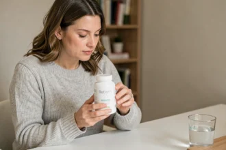 Femme évaluant le complément alimentaire Reborn 21 à son bureau à domicile après 3 mois d'utilisation