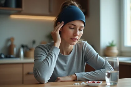 Femme portant un bonnet anti-migraine bleu marine assis à une table de cuisine avec un verre d'eau et un pilulier, les yeux fermés dans une posture de soulagement