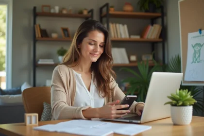Femme souriante vérifiant son calendrier dans un salon lumineux
