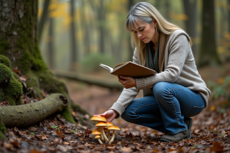 Femme examinant des champignons dans la forêt automnale