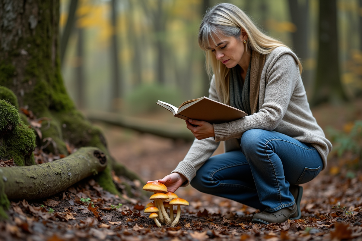 Femme examinant des champignons dans la forêt automnale