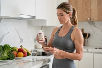 Femme lisant l'étiquette d'un complément alimentaire minceur IT Works dans une cuisine moderne entourée d'aliments sains