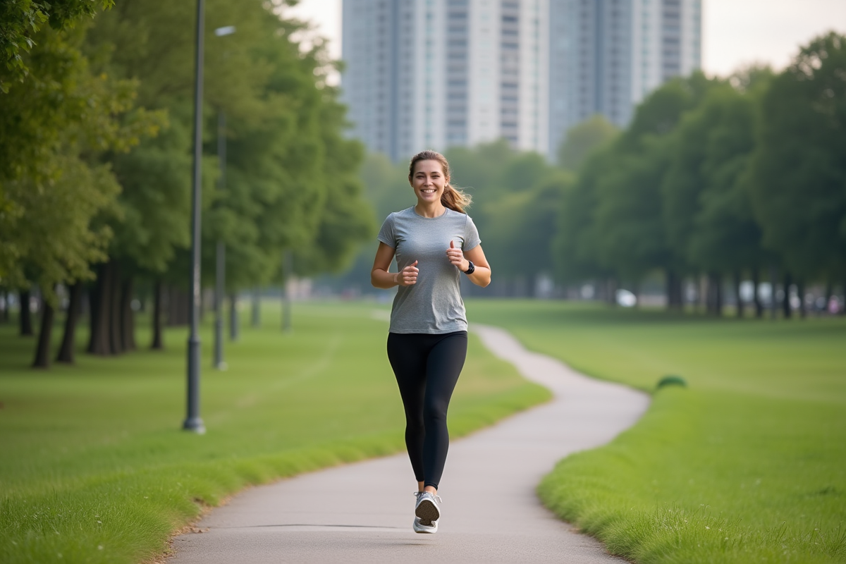 Femme en jogging dans un parc urbain pour article sur fitness