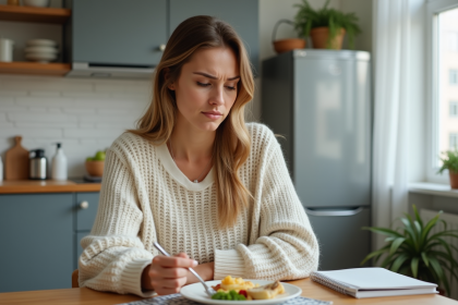Femme frustrée devant son repas keto dans la cuisine