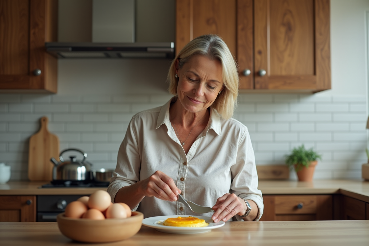 Femme préparant une omelette dorée dans la cuisine