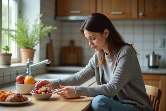 Femme assise à la cuisine avec un bol de fruits frais