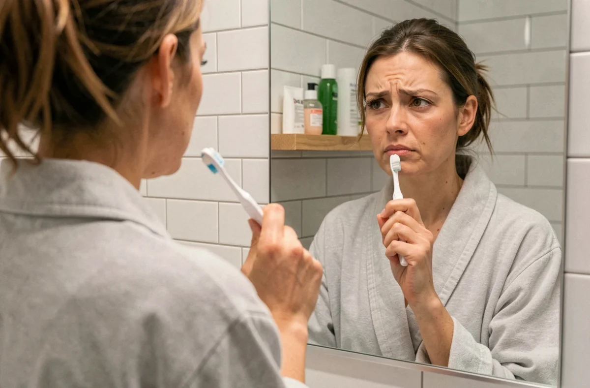 Femme dans une salle de bain tenant une brosse à dents avec du dentifrice blanchissant regardant son reflet dans le miroir d'un air perplexe