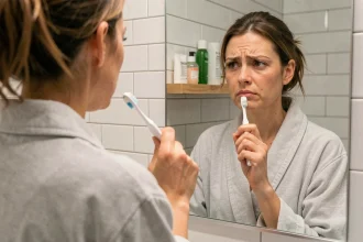 Femme dans une salle de bain tenant une brosse à dents avec du dentifrice blanchissant regardant son reflet dans le miroir d'un air perplexe