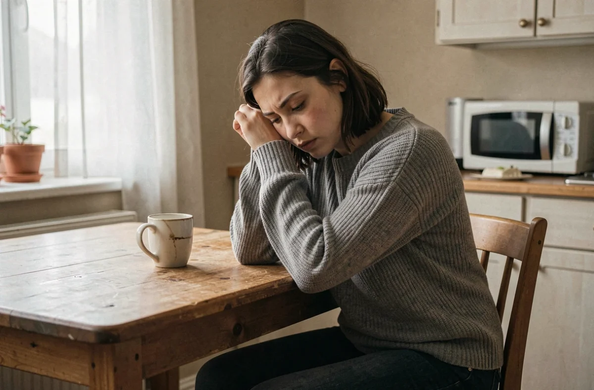 Femme seule à une table de cuisine adoptant une posture de repli sur elle-même, illustrant la détresse émotionnelle dans une relation toxique