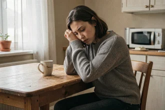 Femme seule à une table de cuisine adoptant une posture de repli sur elle-même, illustrant la détresse émotionnelle dans une relation toxique