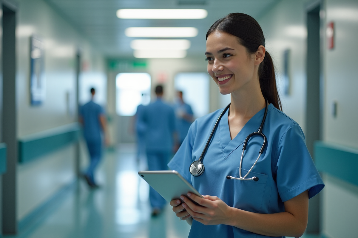 Jeune femme médecin souriante dans un couloir d