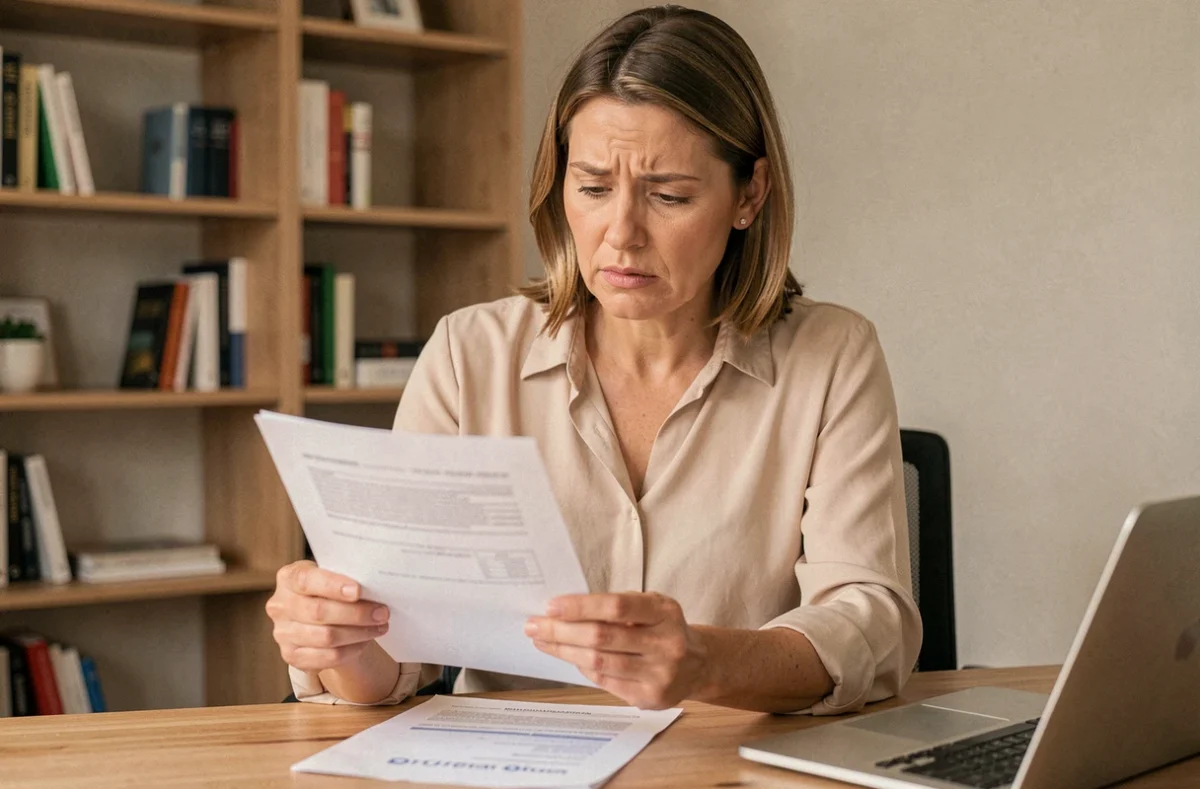 Femme consultant des documents d'assurance Korelio à son bureau à domicile