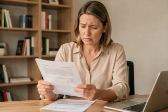 Femme consultant des documents d'assurance Korelio à son bureau à domicile