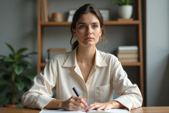 Femme écrivant dans un journal intime à son bureau en bois, symbolisant la réflexion et le développement personnel