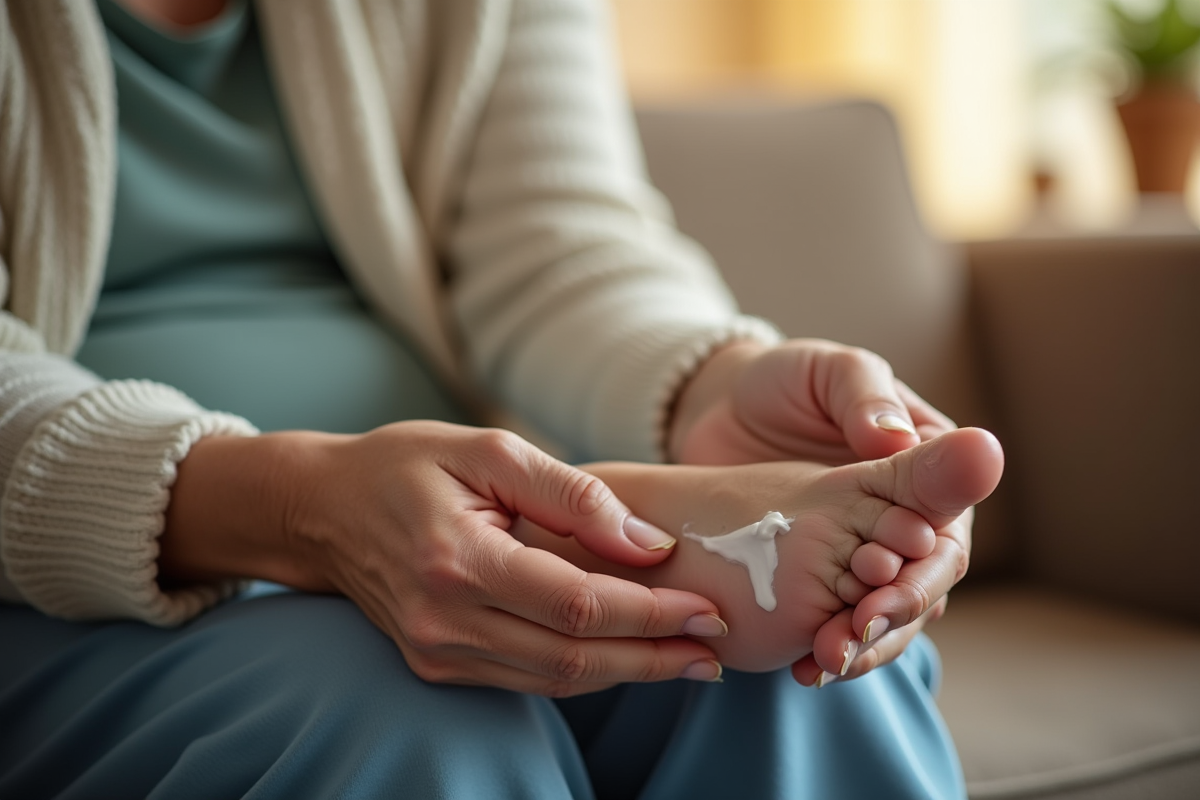 Femme âgée appliquant une crème sur son pied dans un salon lumineux