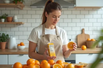 Femme lisant les informations nutritionnelles sur un emballage de jus d'orange riche en vitamine D dans une cuisine moderne