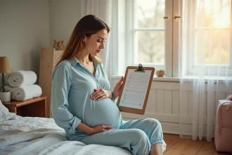 Femme enceinte assise sur un lit tenant une check-list de préparation à l'accouchement avec sac d'hôpital en arrière-plan