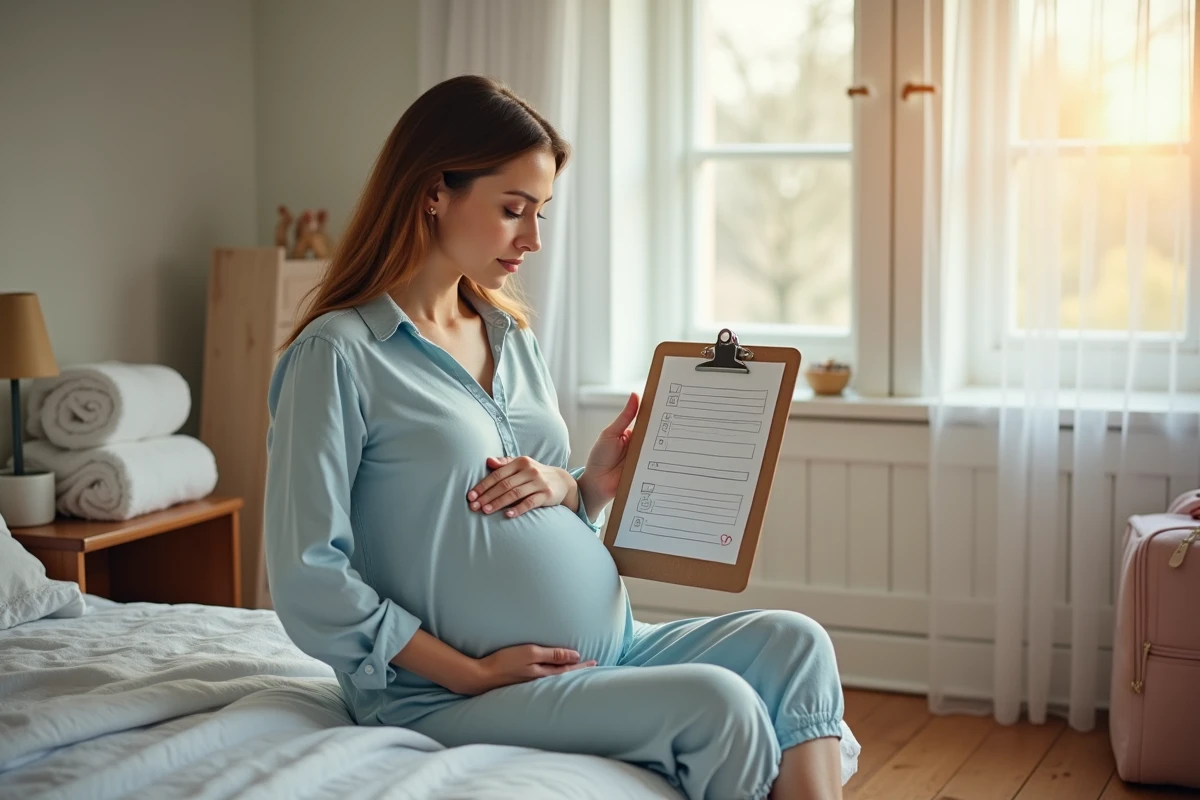 Femme enceinte assise sur un lit tenant une check-list de préparation à l'accouchement avec sac d'hôpital en arrière-plan