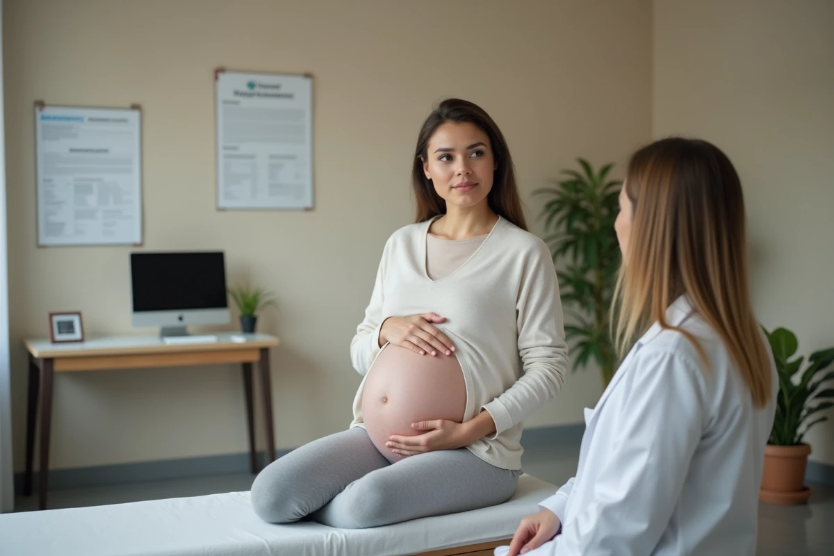Femme enceinte en consultation médicale discutant de symptômes avec sa gynécologue dans un cabinet médical apaisant