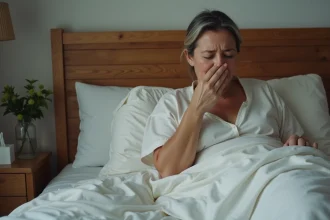 Femme d'âge moyen toussant dans son lit confortable