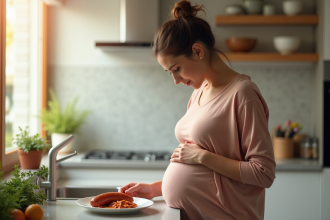 Femme enceinte dans une cuisine moderne regarde un chorizo cuit