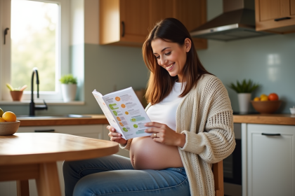 Femme enceinte souriante lit un guide nutrition grossesse