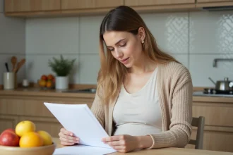 Femme enceinte dans la cuisine avec rapport médical