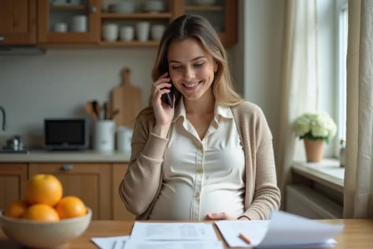 Femme enceinte au téléphone dans la cuisine chaleureuse