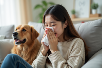 Jeune femme éternuant dans un salon lumineux avec chien