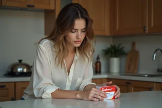Femme regardant un médicament Xyphanol à la maison
