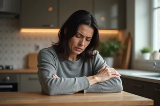 Femme massant son avant-bras et sa main en raison de fourmillements, assise dans une cuisine